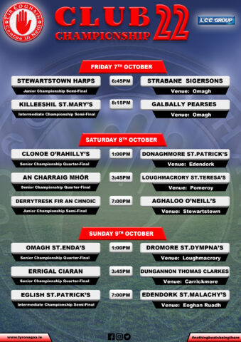 LCC Group Tyrone Championship Fixtures 7th - 9th Oct, All Live on Tyrone  GAA TV.